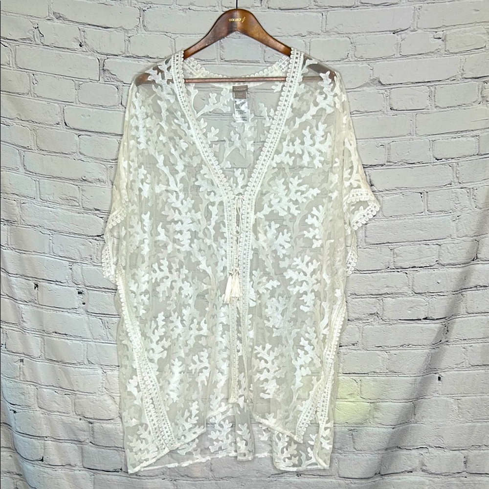 Chico’s White Sheer Reef Appliqué Kimono Swim Cover Up Size Small / Medium